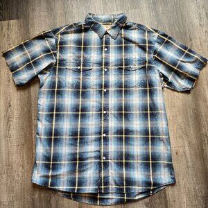 Red Head Brand Shirt Blue Mens Size Large Pearl Snap Plaid Short Sleeve Casual